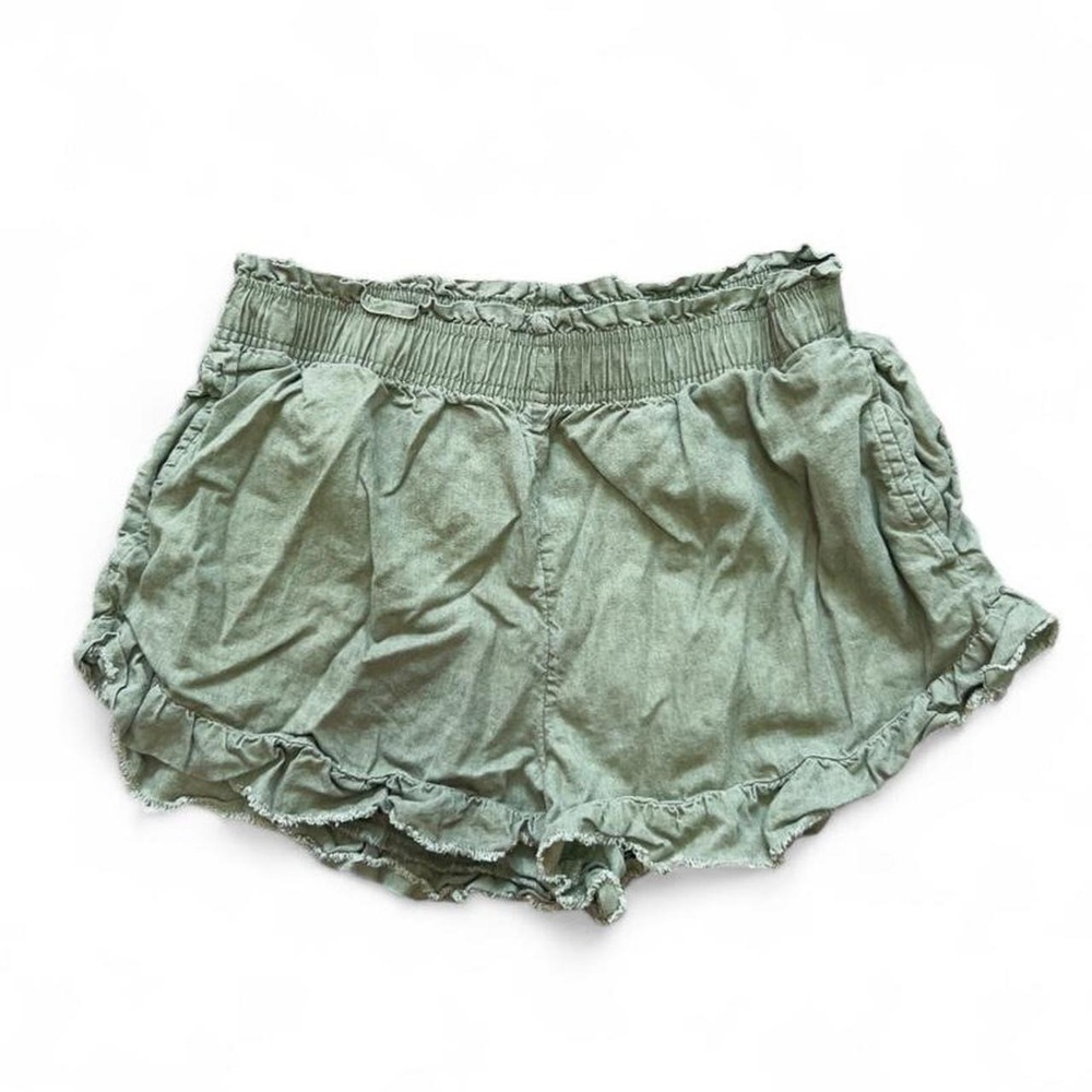 Aerie Green Linen Blend Ruffle Hem Paperbag Waist Shorts Womens Size Medium